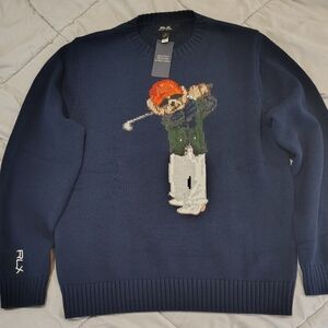 RLX Ralph Lauren Navy Crewneck Sweater with Golf Bear Intarsia Medium NWT